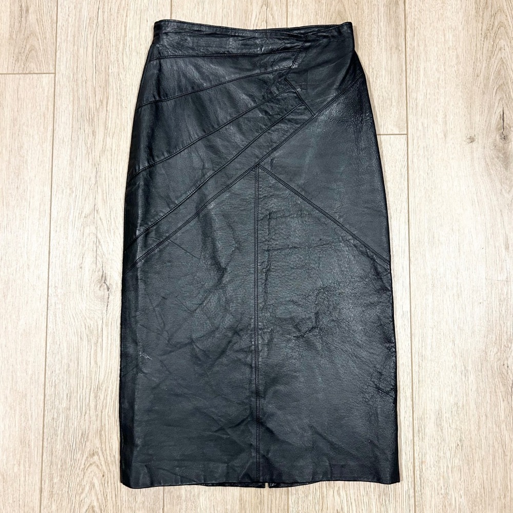 Vickie Leather Black Genuine Leather Paneled Midi Pencil Skirt Womens 5 Vintage